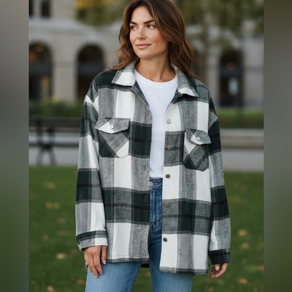Simplee Sweet green and white plaid flannel button up - Picture 1 of 5